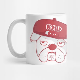 funny Grumpy face bulldog wears RAD baseball cap, cute doodle cartoon Mug